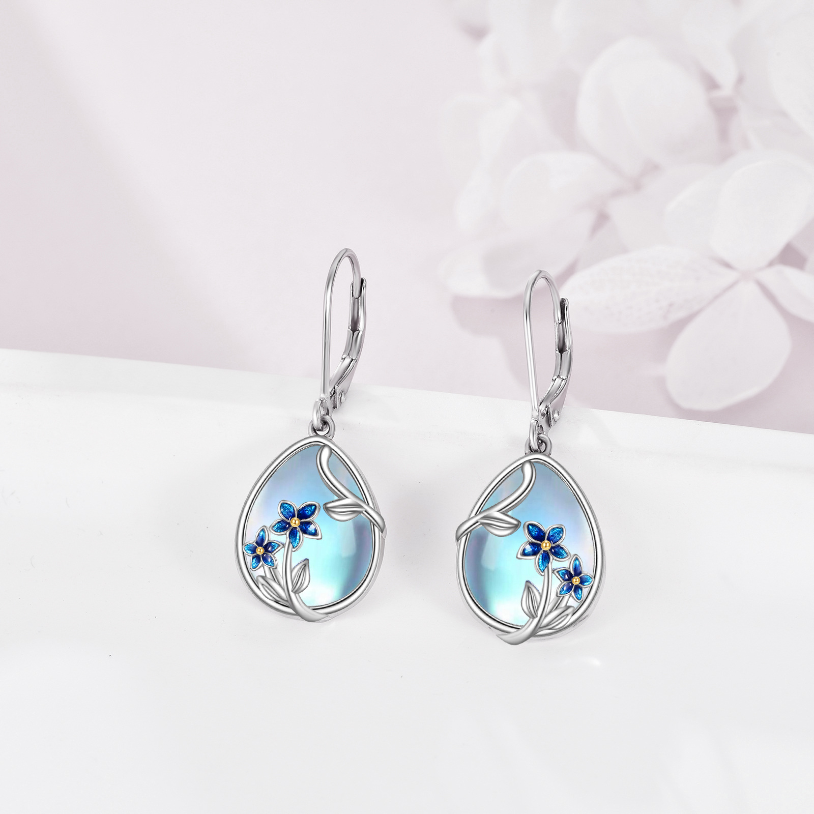 Women's Moonstone & Sterling Silver Dangle Earrings, Floral Design